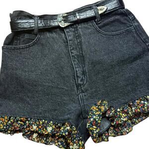 Paris Blues High Waisted Black Denim Shorts Floral Ruffle Hem Women’s 9